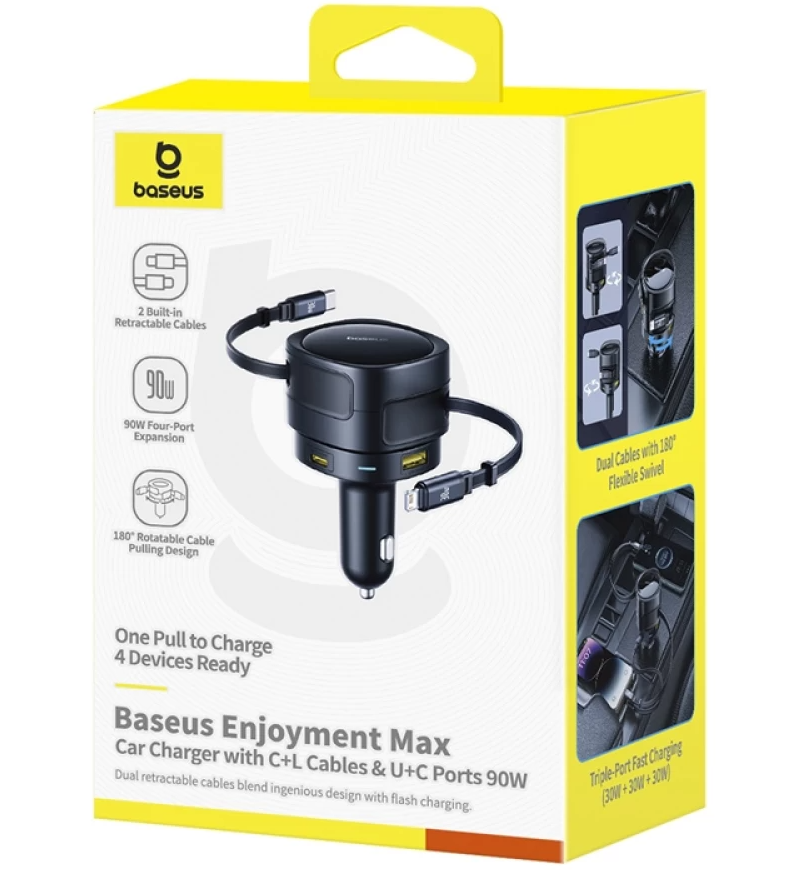 Car Charger With USB-C / Lightning Cable Baseus Enjoyment Max, 90W, 3A, 1 x USB-A - 1 x USB-C, Black C00035507121-02