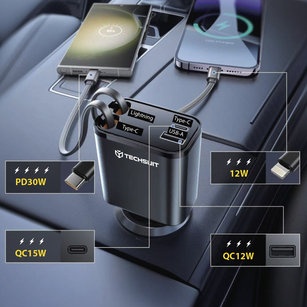 Φορτιστής Αυτοκινήτου με Καλώδιο USB-C / Lightning Techsuit C1 NanoVoltX, 69W, 3A, 1 x USB-A - 1 x USB-C, Γκρι
