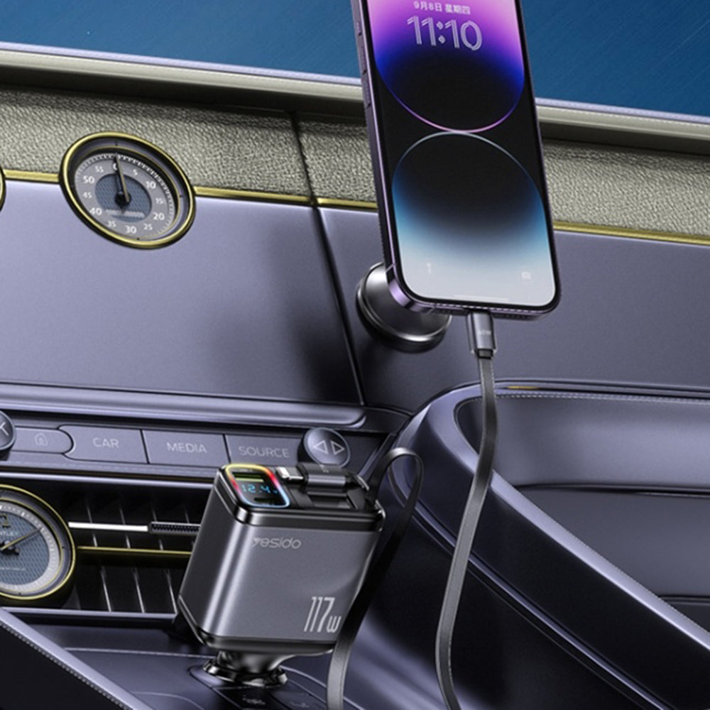 Car Charger with USB-C / Lightning Cable Yesido Y63 Display, 117W, 3A, 1 x USB-A - 1 x USB-C, Gray