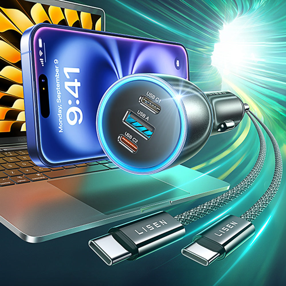 Lisen Car Charger with USB-C Cable, 170W, 5A, 1 x USB-A - 2 x USB-C, Black YL0225060006