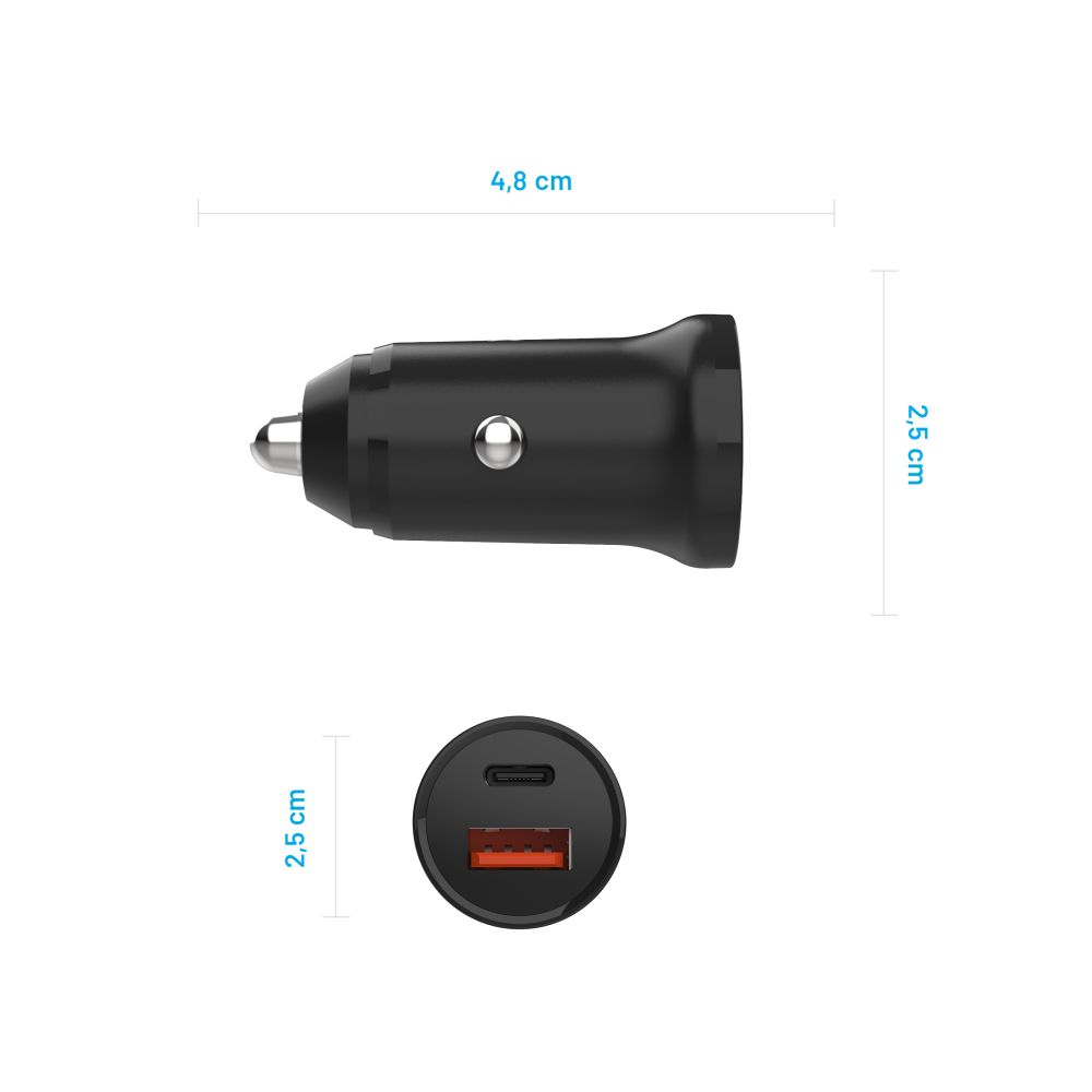 Φορτιστής Αυτοκινήτου Fixed, 20W, 3A, 1 x USB-A - 1 x USB-C, Μαύρο