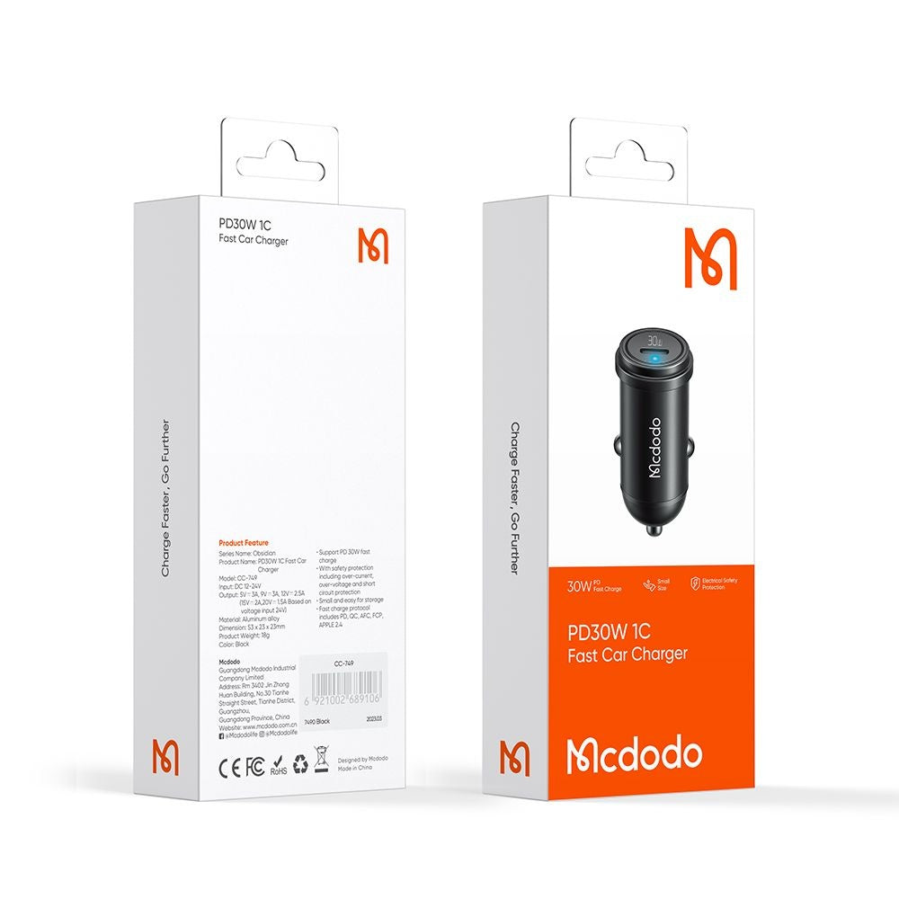 Φορτιστής Αυτοκινήτου McDodo CC-7491 Obsidian, 30W, 3A, 1 x USB-C, Μαύρο