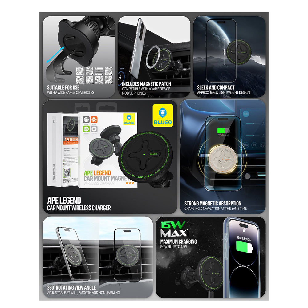 Ασύρματος Φορτιστής Αυτοκινήτου Blueo Ape Legend, 15W, 1.67A, Μαύρο