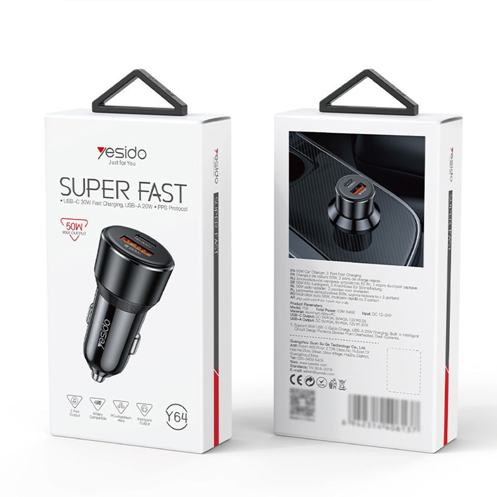 Φορτιστής Αυτοκινήτου Yesido Y64, 50W, 3A, 1 x USB-A - 1 x USB-C, Μαύρο