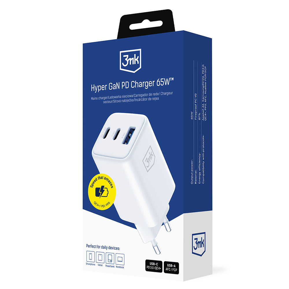Φορτιστής Δικτύου 3MK Hyper, 65W, 3.25A, 1 x USB-A - 2 x USB-C, Λευκό