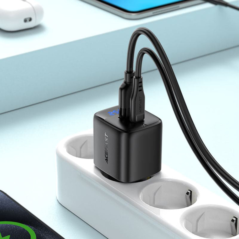 Φορτιστής Δικτύου Acefast A114 Display, 25W, 3A, 1 x USB-A - 1 x USB-C, Μαύρο