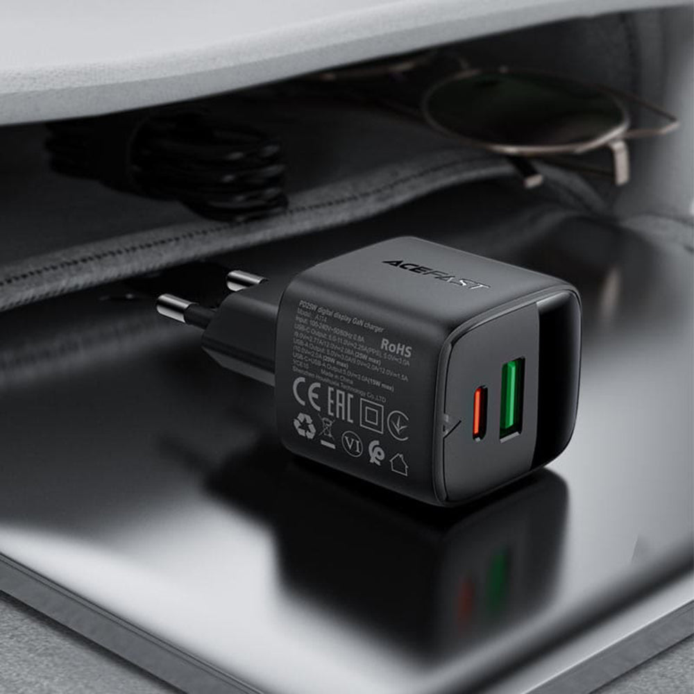 Φορτιστής Δικτύου Acefast A114 Display, 25W, 3A, 1 x USB-A - 1 x USB-C, Μαύρο