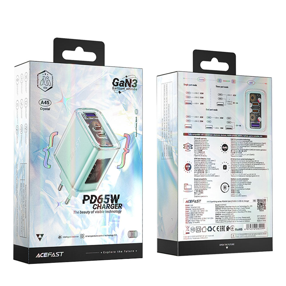 Φορτιστής Δικτύου Acefast A45 Exploration, 65W, 3.25A, 1 x USB-A - 2 x USB-C, Πράσινο