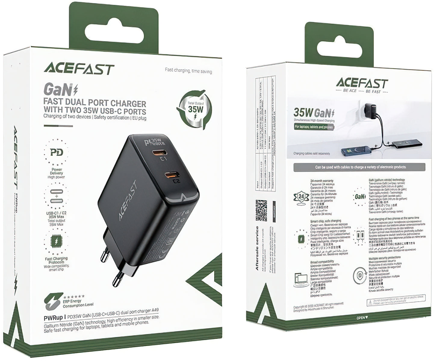 Φορτιστής δικτύου Acefast A49, 35W, 3A, 2 x USB-C, Μαύρο