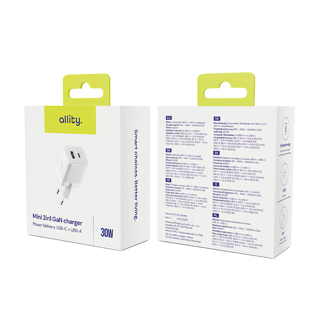 Φορτιστής Δικτύου Allity. ATC-01-30WAC Mini, 30W, 3A, 1 x USB-A - 1 x USB-C, Λευκό
