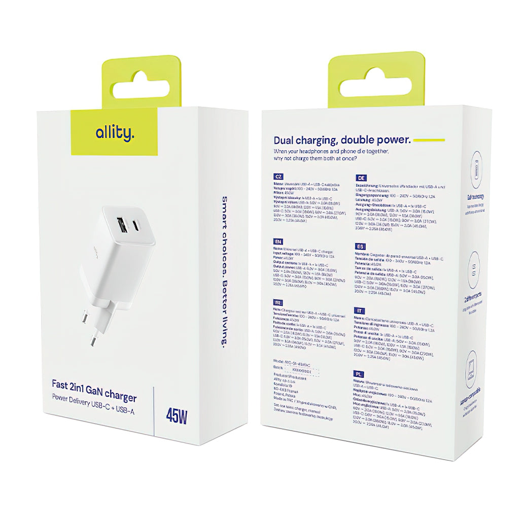 Φορτιστής Δικτύου Allity. ATC-01-45WCC Fast, 45W, 3A, 1 x USB-A - 1 x USB-C, Λευκό