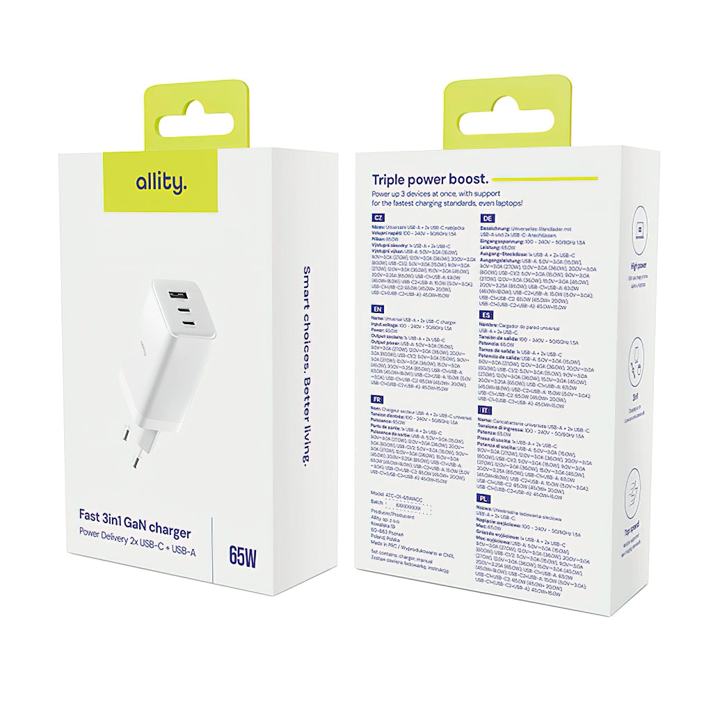Φορτιστής Δικτύου Allity. ATC-01-65WACC Fast, 65W, 3.25A, 1 x USB-A - 2 x USB-C, Λευκό
