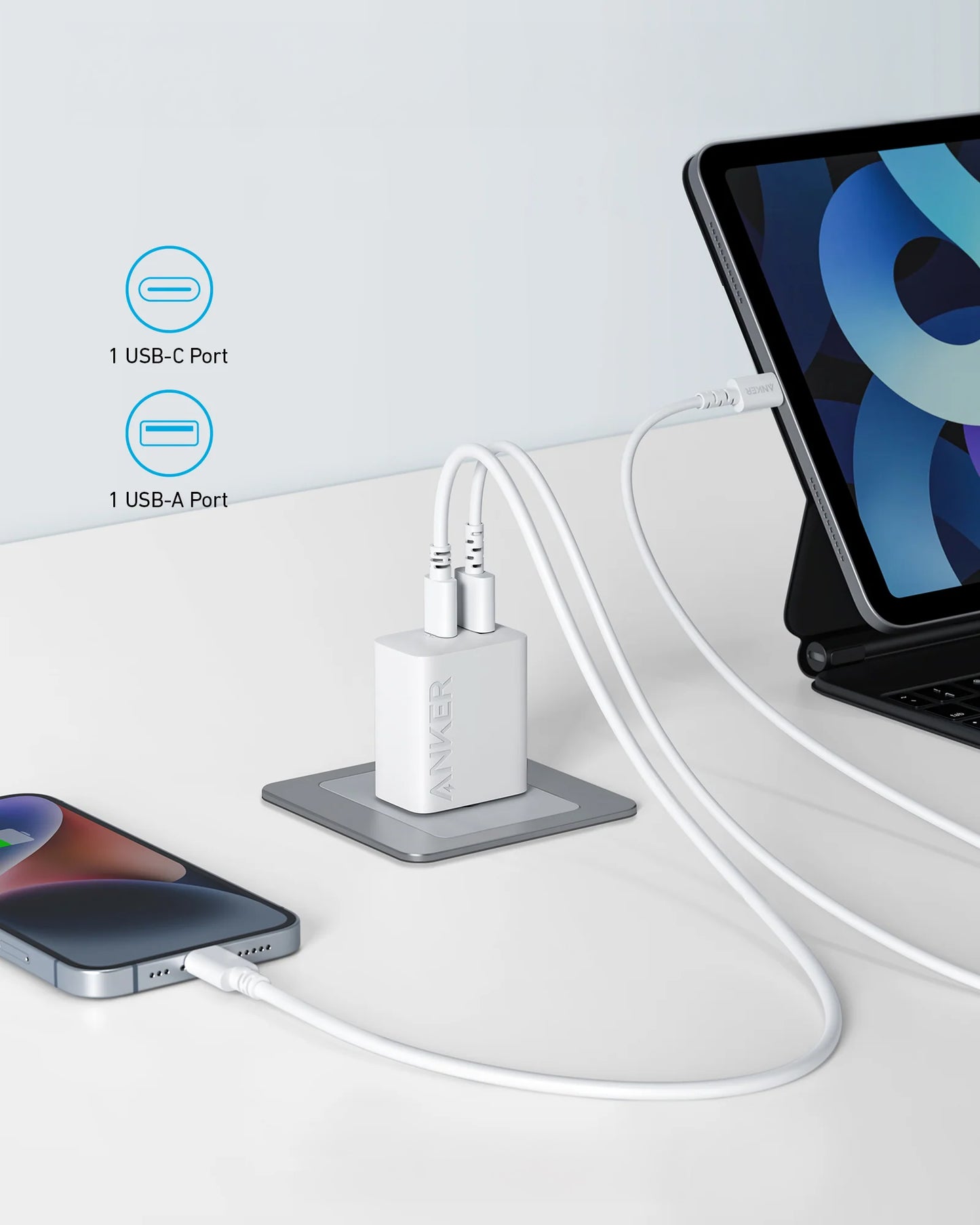 Φορτιστής δικτύου Anker 312, 20W, 3A, 1 x USB-A - 1 x USB-C, λευκό A2348G21