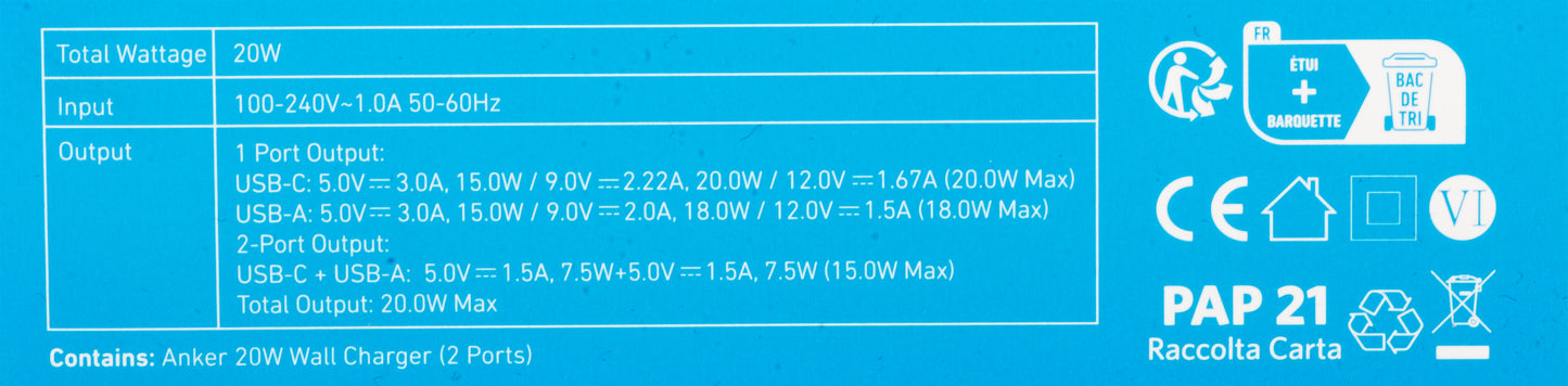 Φορτιστής δικτύου Anker 312, 20W, 3A, 1 x USB-A - 1 x USB-C, λευκό A2348G21