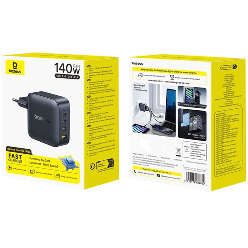 Φορτιστής Δικτύου Baseus EnerFill FH11, 140W, 5A, 1 x USB-A - 3 x USB-C, Μαύρος E0121J00