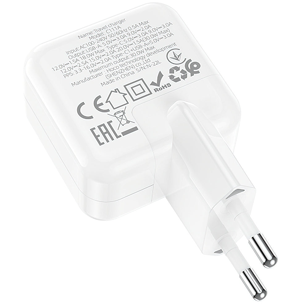 Φορτιστής δικτύου BLUE Power BC111A, 30W, 3A, 1 x USB-A - 1 x USB-C, Λευκό