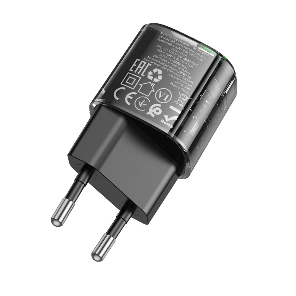 Φορτιστής Δικτύου Borofone BN17 Sunlight, 20W, 3A, 1 x USB-A - 1 x USB-C, Μαύρο
