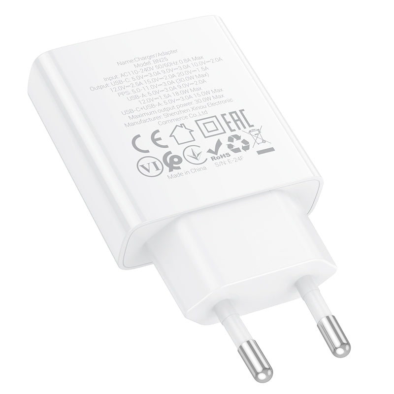 Φορτιστής δικτύου Borofone BN25 Wish, 30W, 3A, 1 x USB-A - 1 x USB-C, Λευκό