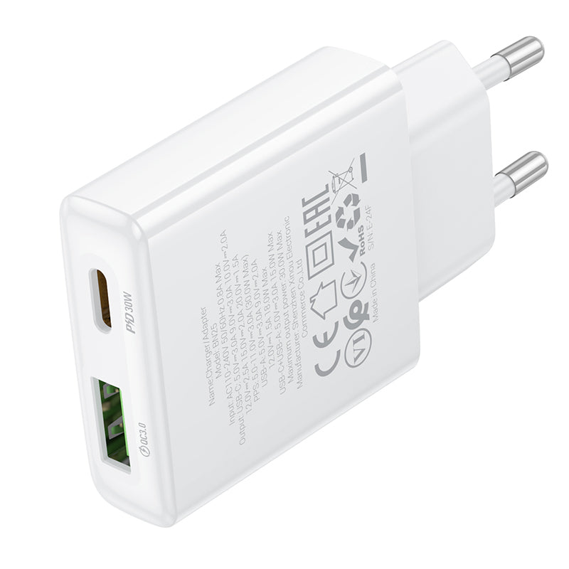 Φορτιστής δικτύου Borofone BN25 Wish, 30W, 3A, 1 x USB-A - 1 x USB-C, Λευκό