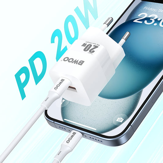 Φορτιστής δικτύου BWOO BO-CDA156, 20W, 3A, 1 x USB-A - 1 x USB-C, Λευκό