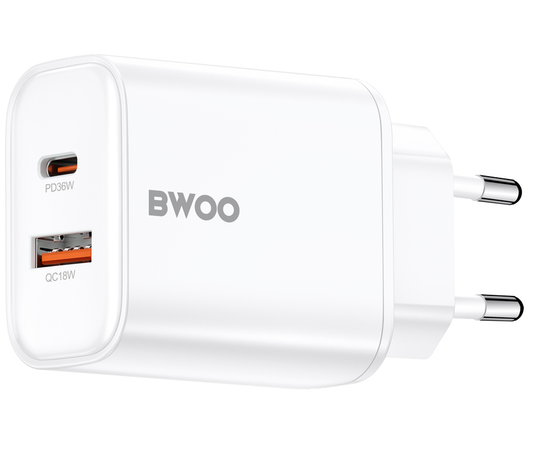 Φορτιστής Δικτύου BWOO CDA207, 36W, 3A, 1 x USB-A - 1 x USB-C, Λευκό