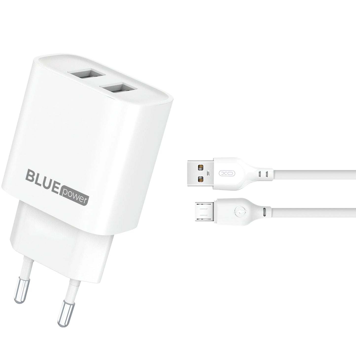 Φορτιστής δικτύου Blue Power BPCE02M με καλώδιο microUSB BPCE02M, 10.5W, 2.1A, 2 x USB-A, Λευκό