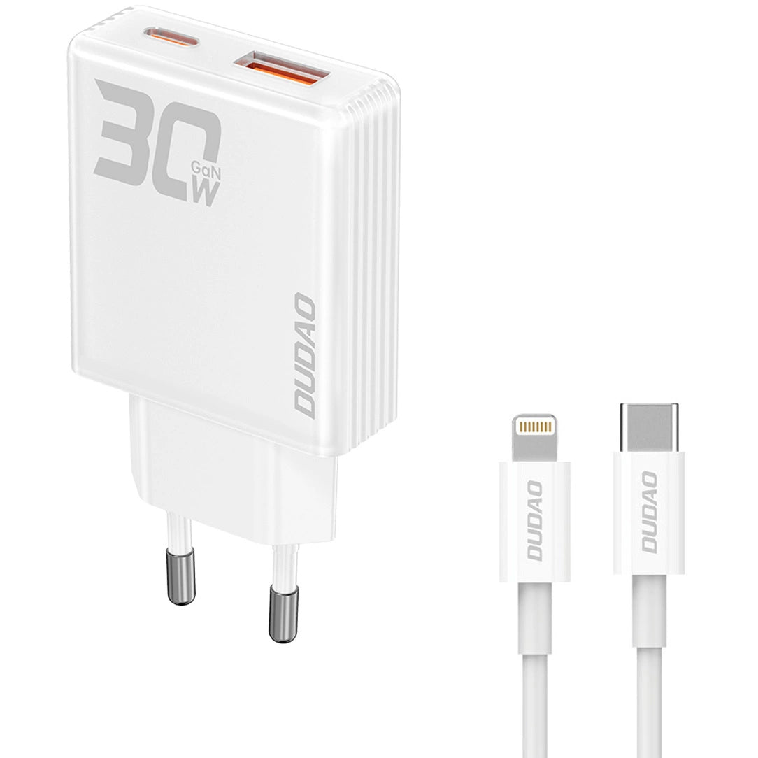 Dudao A30EUL Φορτιστής δικτύου με καλώδιο Lightning, 30W, 3A, 1 x USB-A - 1 x USB-C, Λευκό