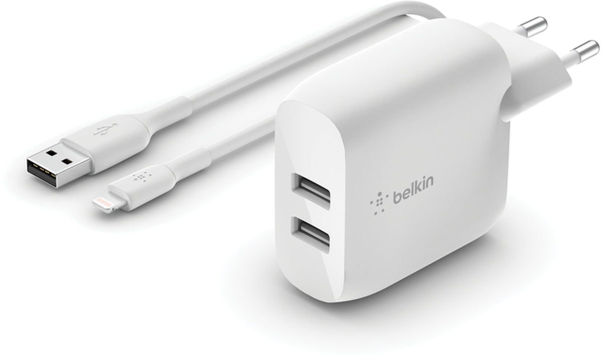 Φορτιστής Δικτύου με Καλώδιο USB-C Belkin BoostCharge Dual, 24W, 2.4A, 2 x USB-A, Λευκό WCE001vf1MWH