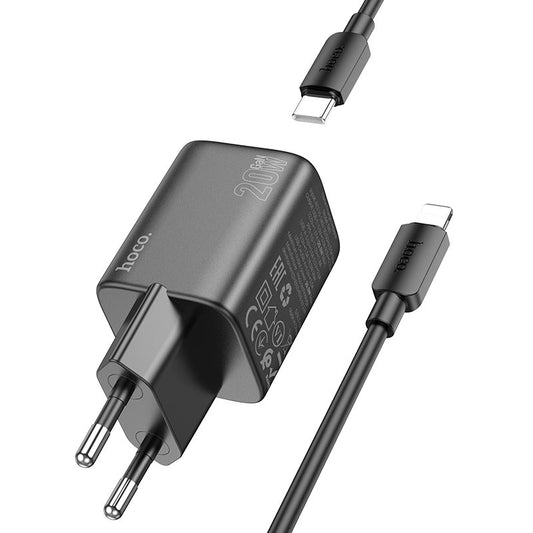 Network Charger with Lightning Cable HOCO N41, 20W, 3A, 1 x USB-A - 1 x USB-C, Black