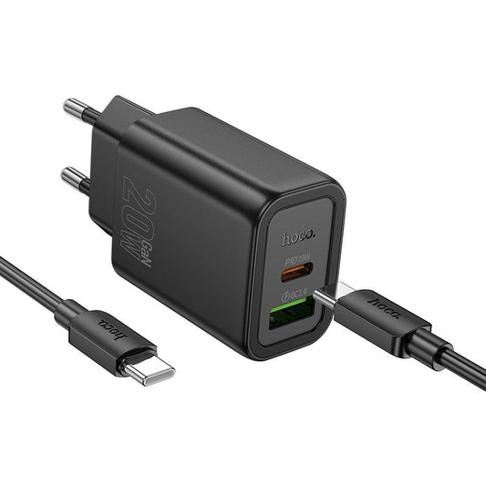 Φορτιστής Δικτύου με Καλώδιο Lightning HOCO N61, 20W, 3A, 1 x USB-A - 1 x USB-C, Μαύρο