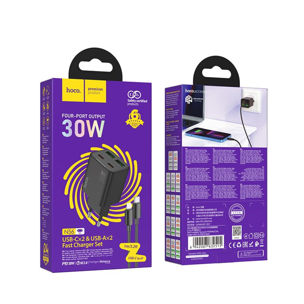 Φορτιστής Δικτύου με Καλώδιο Lightning HOCO N56, 30W, 3A, 2 x USB-A - 2 x USB-C, Μαύρο