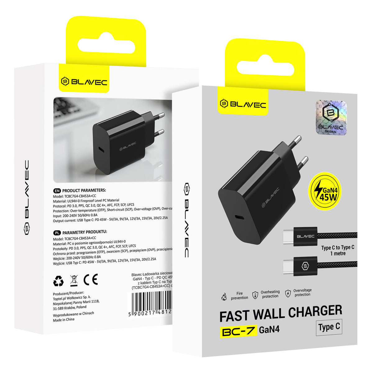Φορτιστής Δικτύου με Καλώδιο USB-C Blavec BC-7, 45W, 3A, 1 x USB-C, Μαύρο