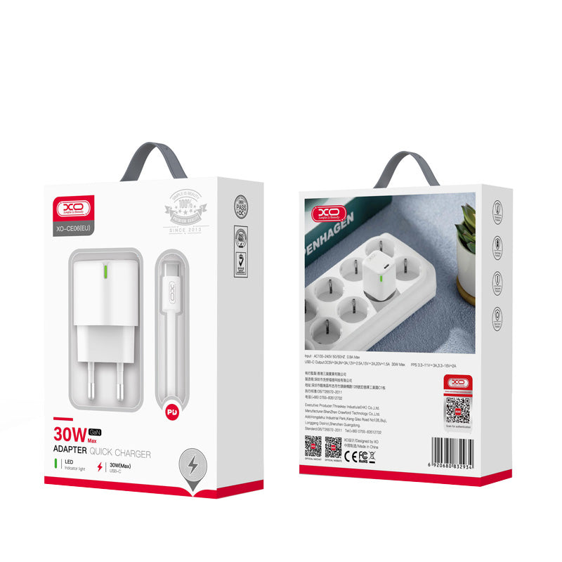 Φορτιστής Δικτύου με Καλώδιο USB-C XO Design CE06, 30W, 3A, 1 x USB-C, Λευκό