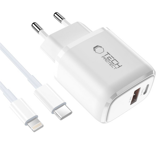 Φορτιστής Δικτύου με Καλώδιο Lightning Tech-Protect NCA20, 20W, 3A, 1 x USB-A - 1 x USB-C, Λευκό