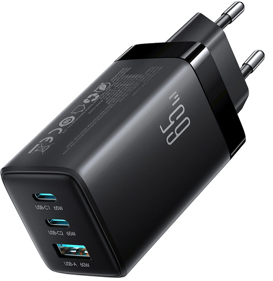Φορτιστής Δικτύου με Καλώδιο USB-C Joyroom JR-TG10, 65W, 3.25A, 1 x USB-A - 2 x USB-C, Μαύρο