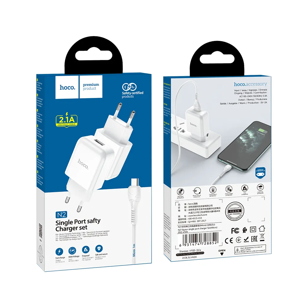 Network Charger with microUSB Cable HOCO N3, 18W, 3A, 1 x USB-A, White
