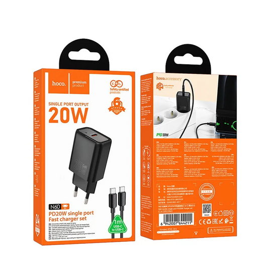 Φορτιστής Δικτύου με Καλώδιο Lightning HOCO N60, 20W, 3A, 1 x USB-C, Μαύρο