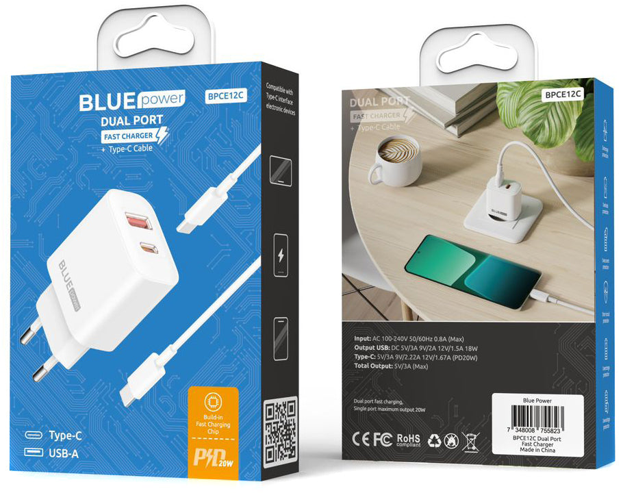 Blue Power BPCE12C Φορτιστής δικτύου με καλώδιο USB-C BPCE12C, 20W, 3A, 1 x USB-A - 1 x USB-C, Λευκό