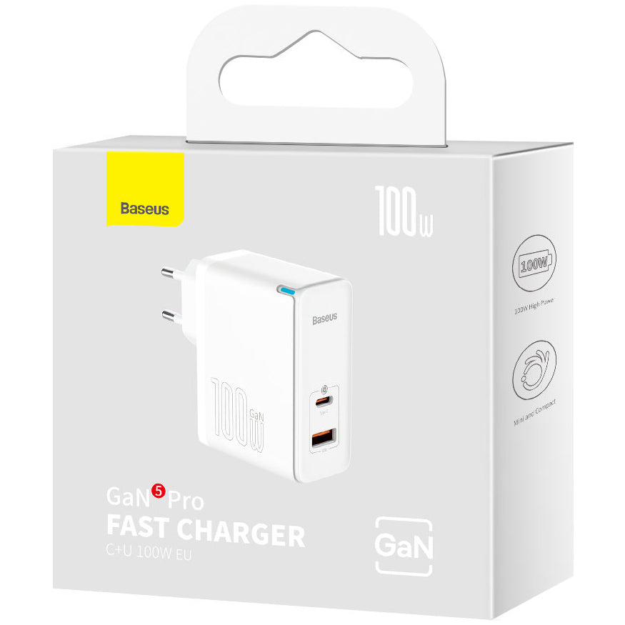 Φορτιστής Δικτύου με Καλώδιο USB-C Baseus GaN5 Pro, 100W, 3A, 1 x USB-A - 1 x USB-C, Λευκό CCGP090202