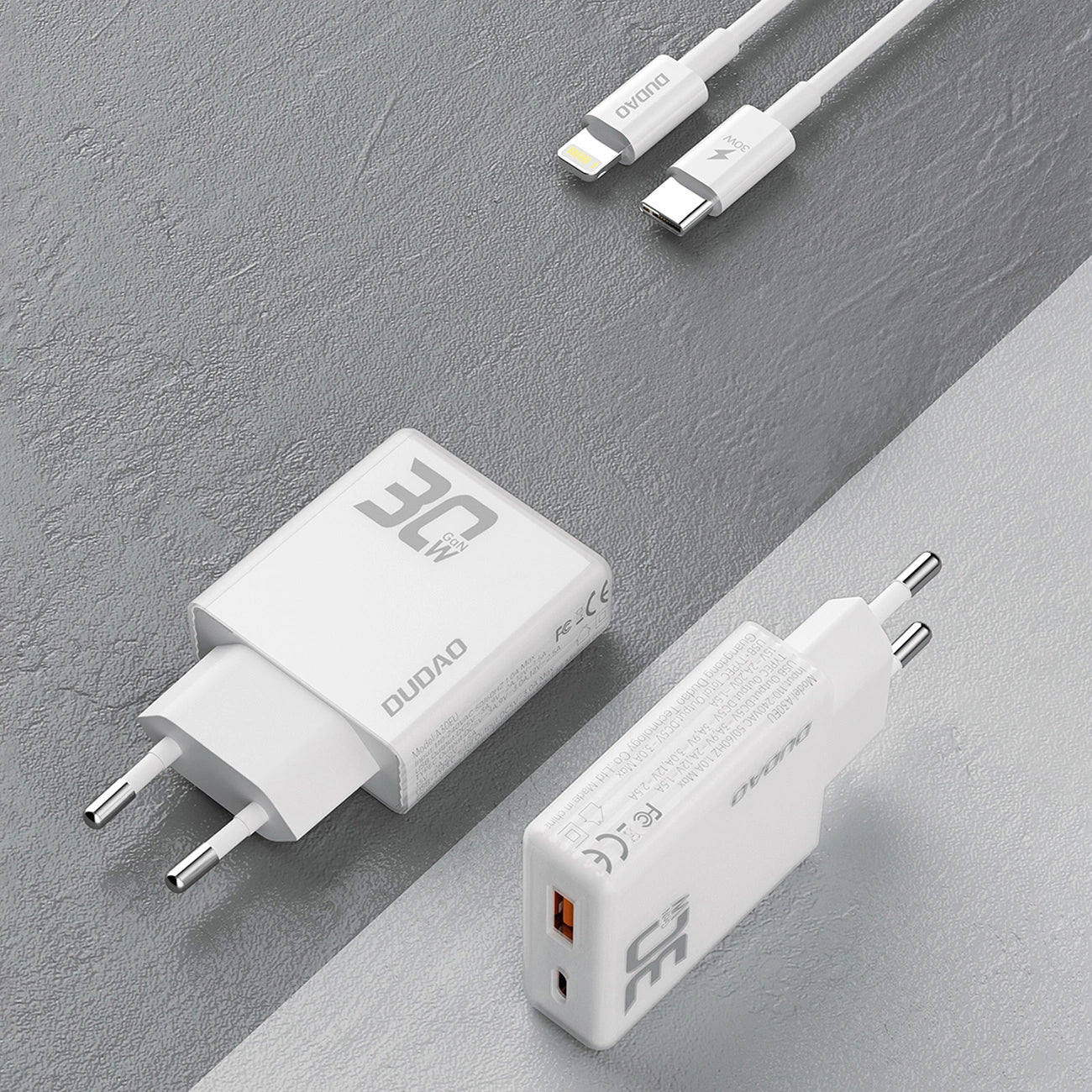 Dudao A30EUL Φορτιστής δικτύου με καλώδιο Lightning, 30W, 3A, 1 x USB-A - 1 x USB-C, Λευκό