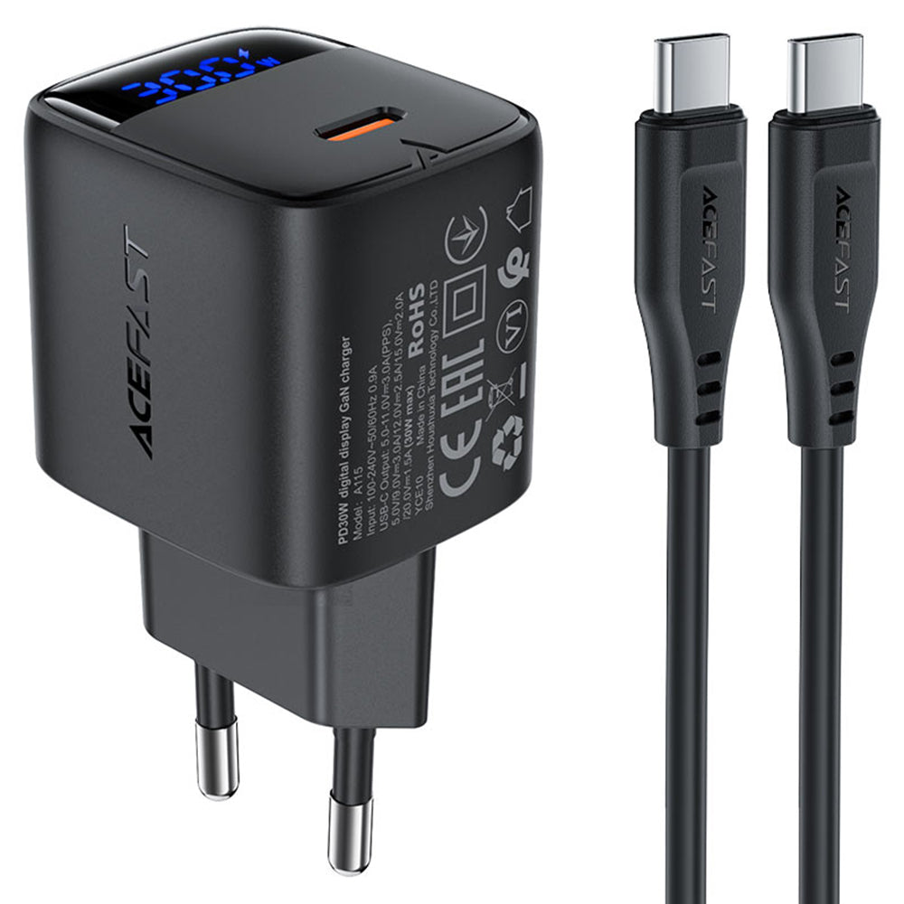 Φορτιστής Δικτύου με Καλώδιο USB-C Acefast A115 Display, 30W, 3A, 1 x USB-C, Μαύρο