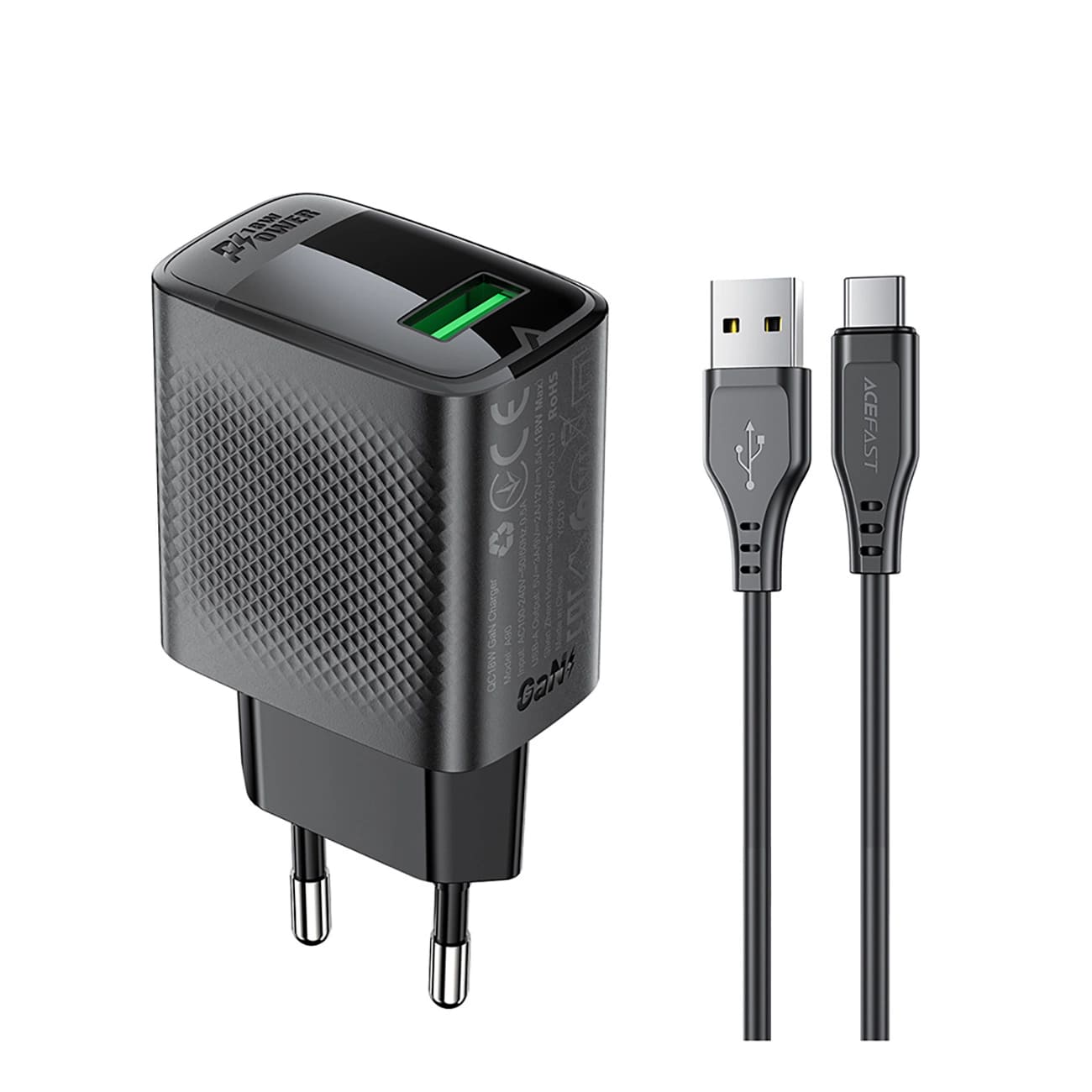 Φορτιστής Δικτύου με Καλώδιο USB-C Acefast A90, 18W, 3A, 1 x USB-A, Μαύρο