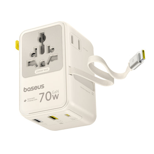 Φορτιστής Δικτύου με Καλώδιο USB-C Baseus Travel EnerCore CG11, 70W, 2 x Πρίζα - 1 x USB-C - 2 x USB-A, Λευκό E0307E01