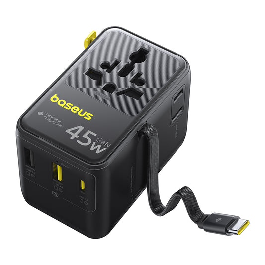 Φορτιστής Δικτύου με Καλώδιο USB-C Baseus Travel PicoGo AG11, 45W, 2 x Πρίζα - 1 x USB-C - 2 x USB-A, Μαύρο E0307F00