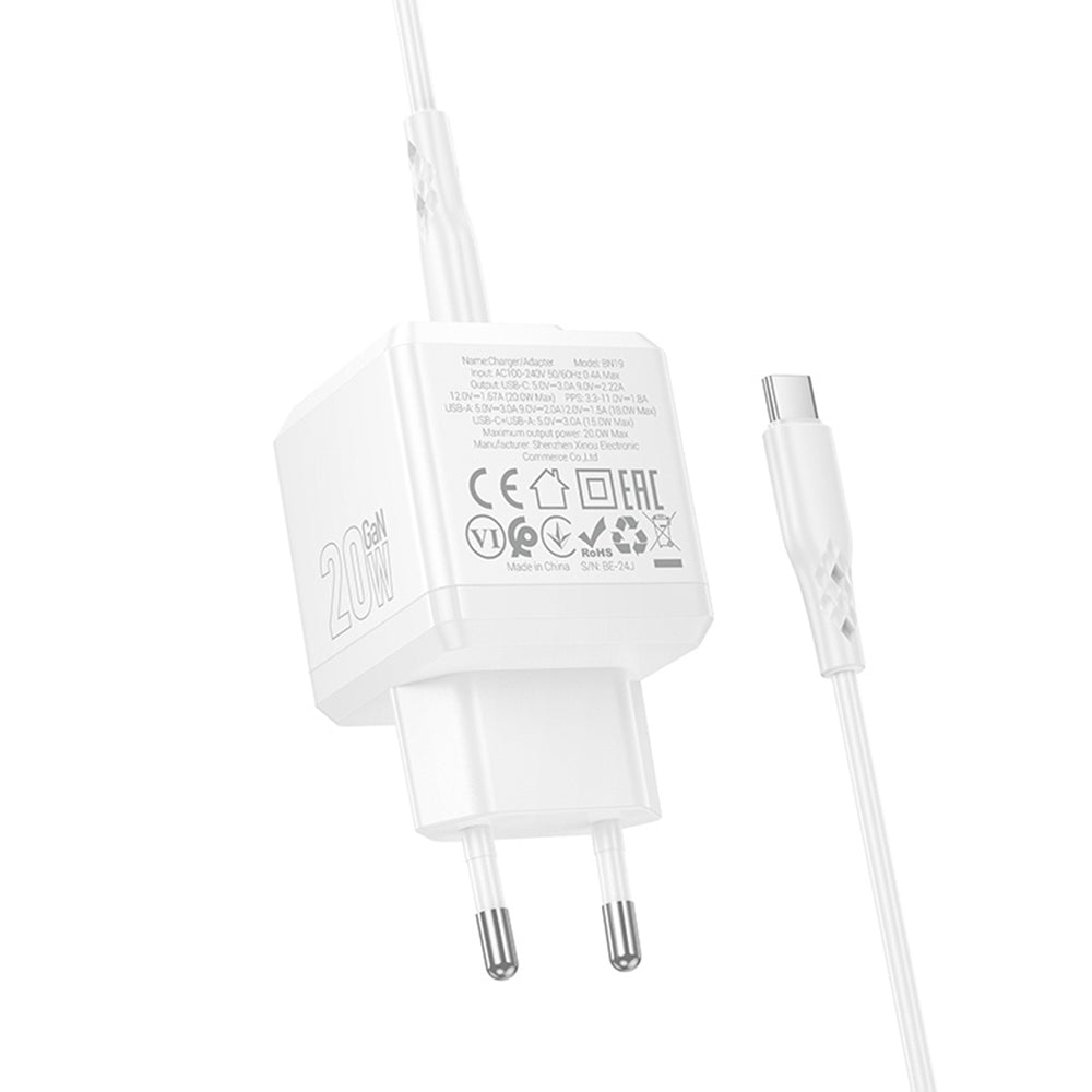 Φορτιστής Δικτύου με Καλώδιο USB-C Borofone BN19 Intenso, 20W, 3A, 1 x USB-A - 1 x USB-C, Λευκό