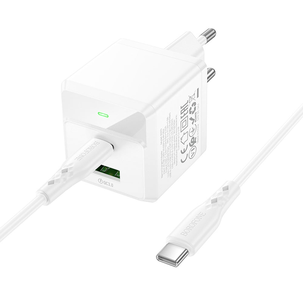 Φορτιστής Δικτύου με Καλώδιο USB-C Borofone BN19 Intenso, 20W, 3A, 1 x USB-A - 1 x USB-C, Λευκό