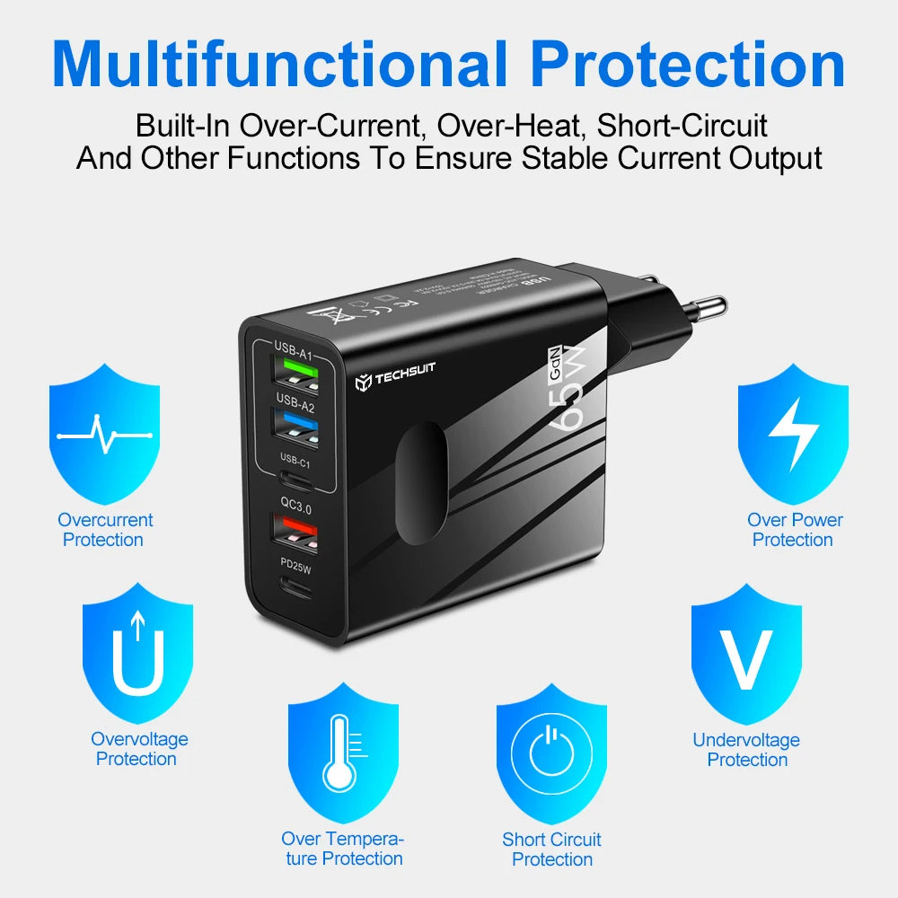 Φορτιστής Δικτύου με Καλώδιο USB-C Techsuit CHC1 PentaXPower, 25W, 3A, 3 x USB-A - 2 x USB-C, Λευκό