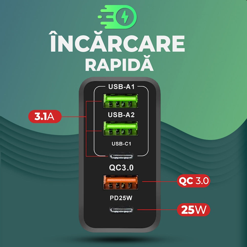 Φορτιστής Δικτύου με Καλώδιο USB-C Techsuit CHC1 PentaXPower, 25W, 3A, 3 x USB-A - 2 x USB-C, Μαύρο