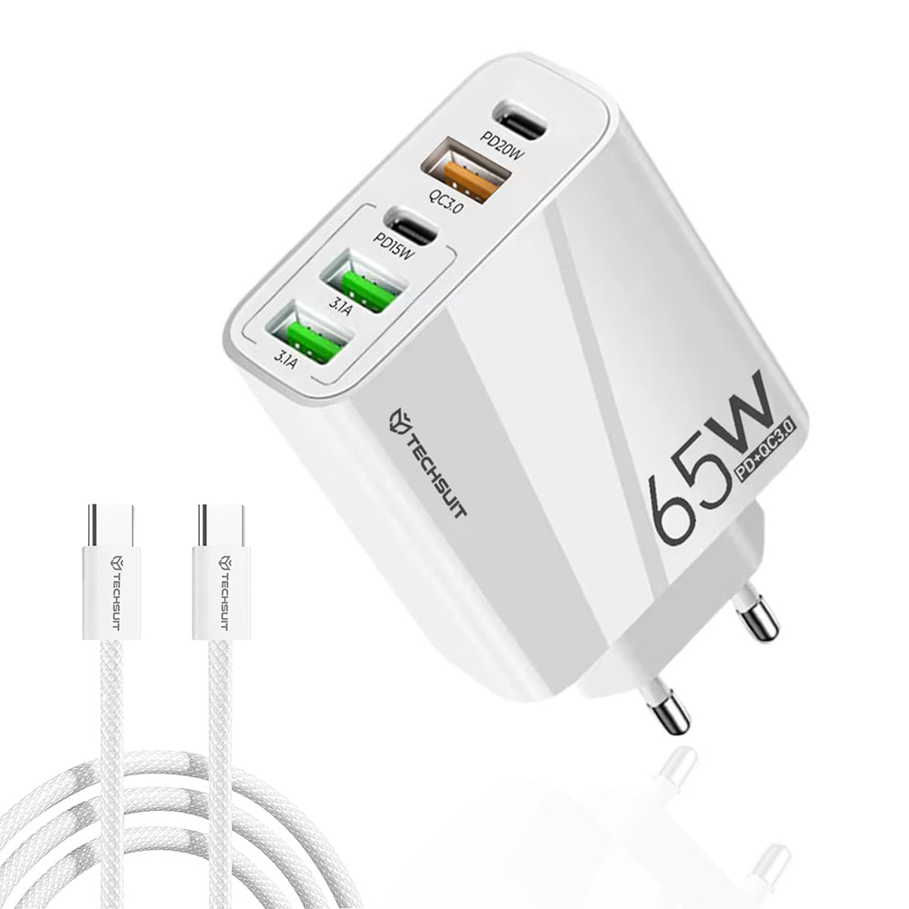Network Charger with USB-C Cable Techsuit CHC2 PentaXPower, 20W, 3A, 3 x USB-A - 2 x USB-C, White