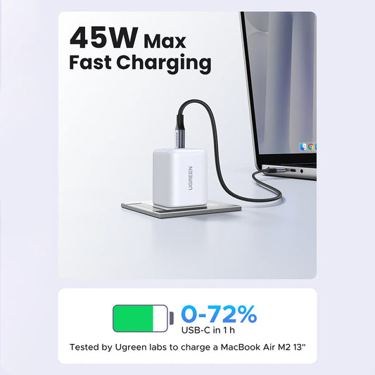 Φορτιστής Δικτύου με Καλώδιο USB-C UGREEN X524 (65055), 45W, 3A, 1 x USB-C, Λευκό
